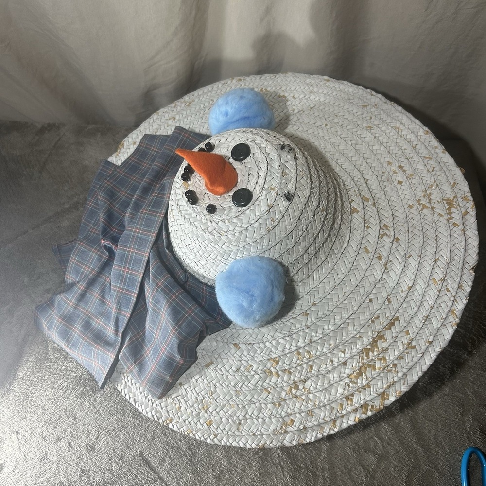 Vintage Snowman Straw Hat Christmas Holiday Novelty Wide Brim Handmade - Picture 7 of 9